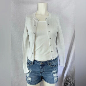Ribbed Knit Cardigan Button Down‎ Long Sleeve Basic White Casual Top